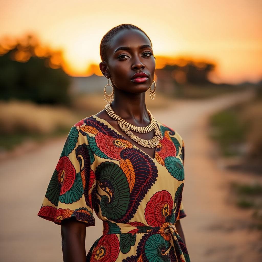 Femme portant une tenue wax et des bijoux dorés au coucher du soleil — Aar Ñanto, Dakar Sénégal